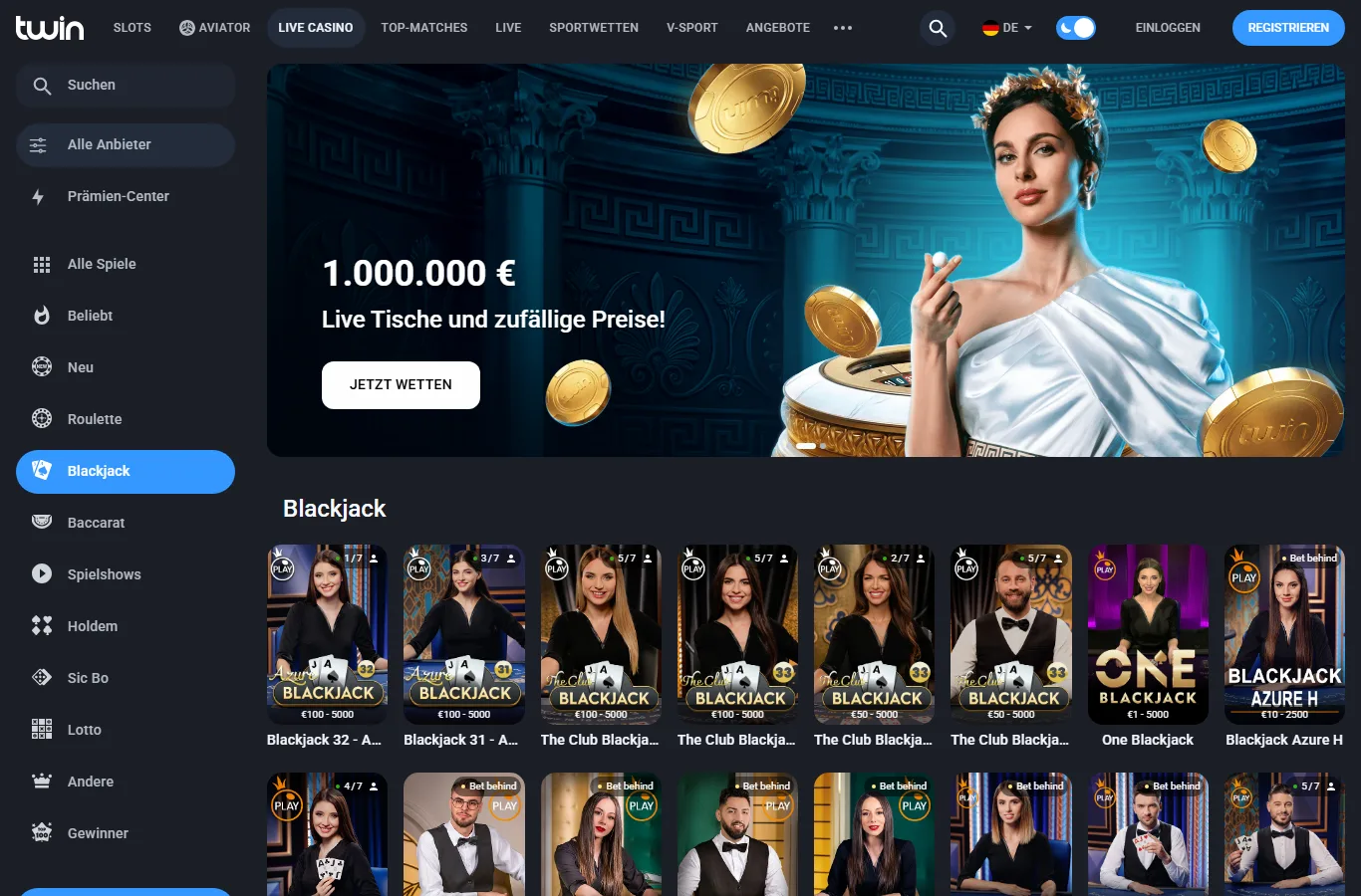 Blackjack-Tische im Twin Live Casino