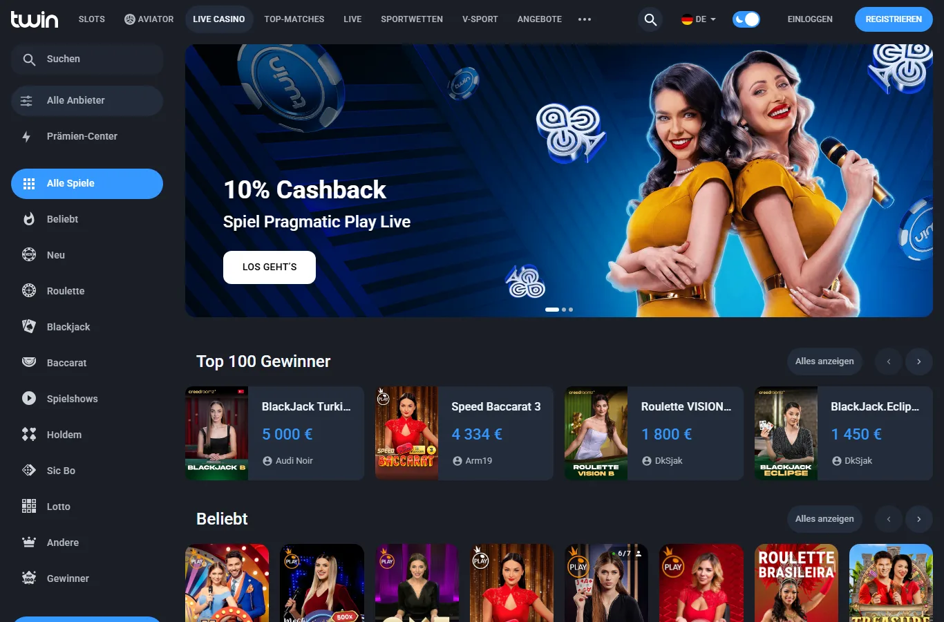 Live-Casino-Bereich von Twin Deutschland