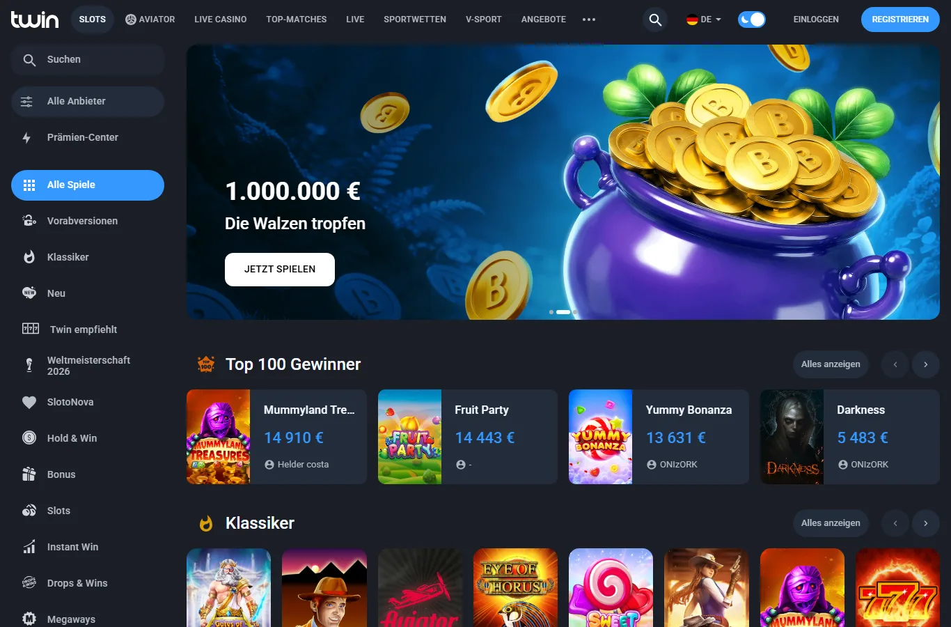 Screenshot der Twin Casino Lobby auf Deutsch